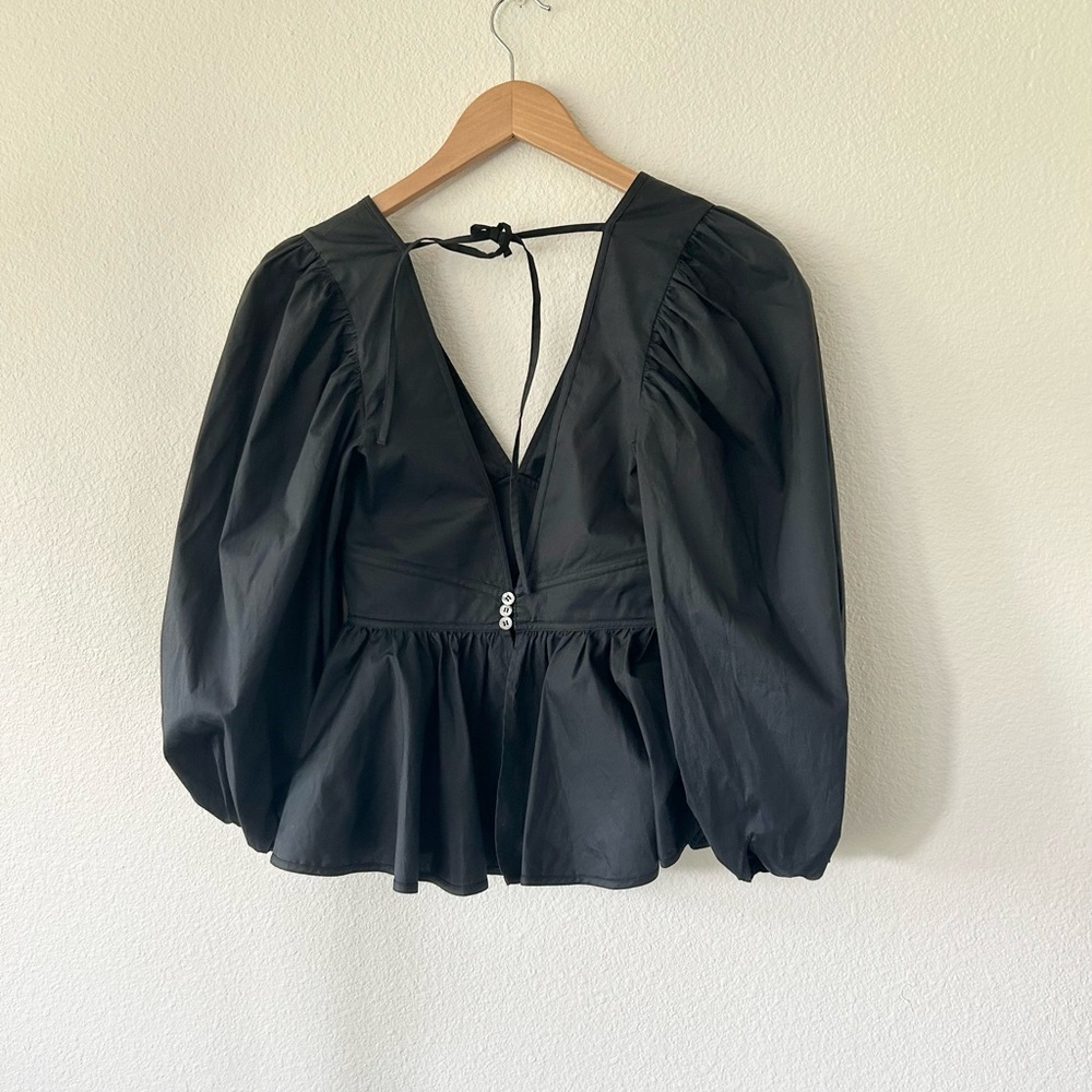 STAUD Luna Poplin V-Neck Open Back Puff Sleeve Top in Black - Picture 8 of 9